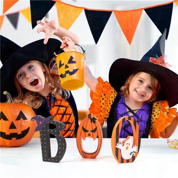 Retro Halloween Black Orange Tiered Tray Decor Set of 3 Wooden Happy BOO Day - Picture 4 of 8